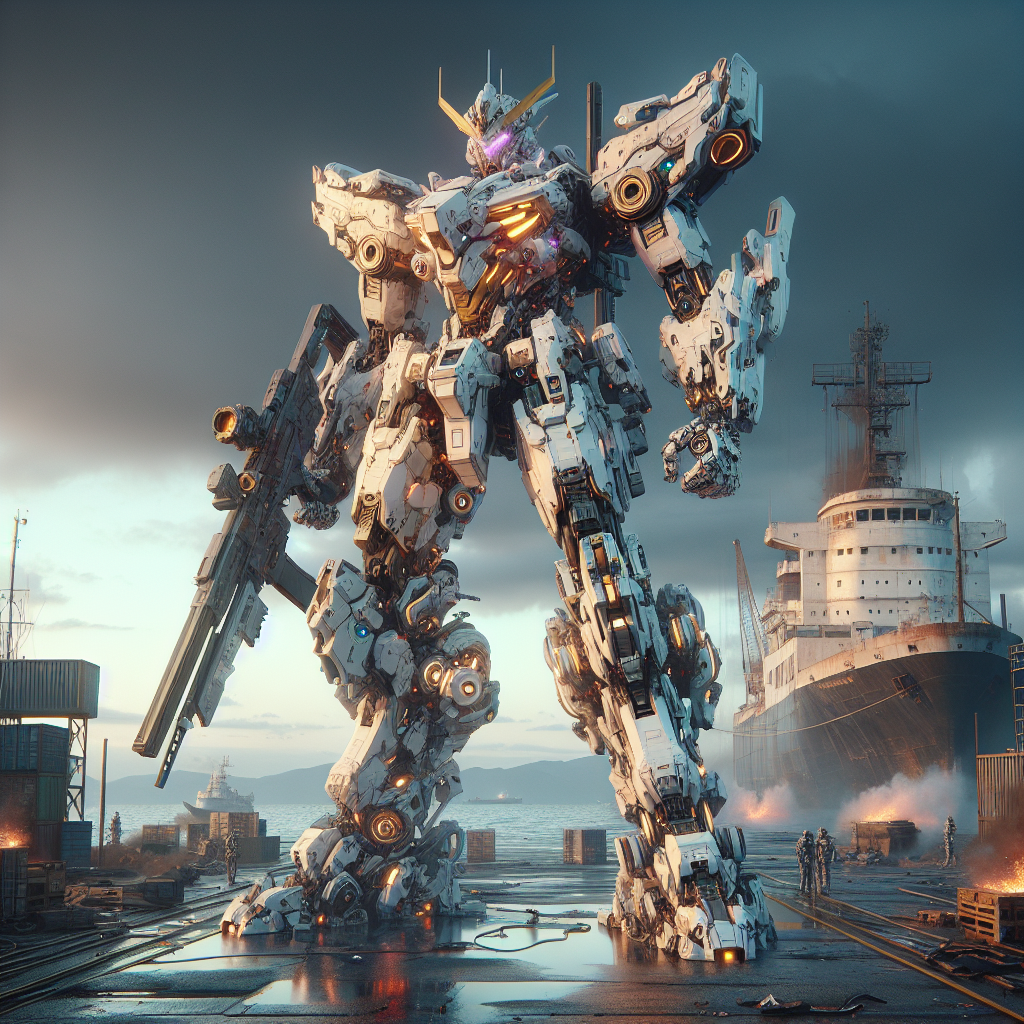 1. A towering white-and-gold mecha, equipped with a battle rifle and energy sword, stands amidst smoldering docks and drifting ash, under a dusky sky.