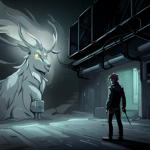 Zeb looks at the black goat with curved horns, who bleats about suspicious activity in the grimey alley lit by a flickering lightbulb. "Hell" is spraypainted on the wall. 
