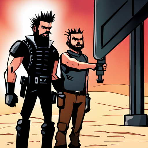 Zeb sees a tense confrontation between the Corpo Guard and the Corpo Manager. The Guard, armed with a stun baton and riot shield, looms over the Manager, who looks nervous. Zeb, a bearded man with a spikey mohawk, observes from a distance, wearing a sleeveless black shirt and loose pants with lots of pockets.
