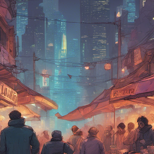 In the photo, the energy of downtown is captured in a vibrant scene. The lights of the city reflect off the low clouds, creating a moody atmosphere. People are seen walking in and out of nightclubs, their laughter and music filling the air. The falafel guy's cart stands steady amidst the chaos, with customers lining up for his delicious falafel. It is a lively night, pulsating with life and adventure.