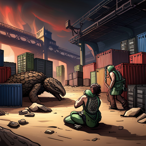 In the photo, the Mechanic and Pangolin work on the Scarab SRV, surrounded by rotting shipping containers. The Mechanic, a shirtless man with six facial piercings, rolls up his sleeves with enthusiasm. Pangolin, a human-sized mutant with armor-like scales and a long sticky tongue, assists. Spot the cat watches with interest. The Mechanic steps back to admire their progress, grinning proudly.