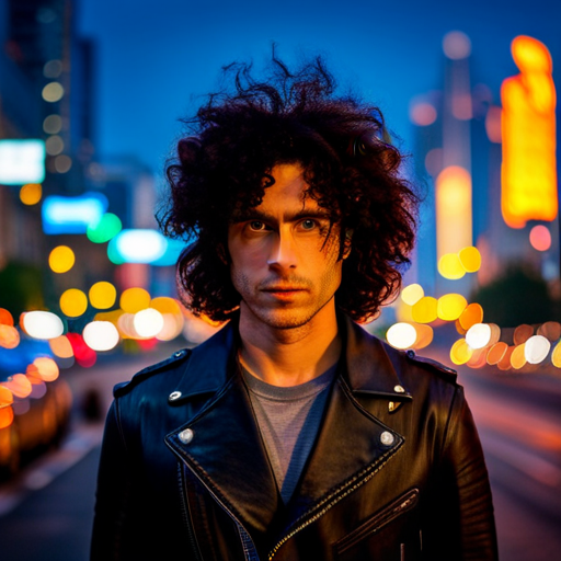 In the photo, Controlfreak stands in the bustling streets of Downtown. Their wild, curly hair frames their face, accentuating their intense gaze. They wear a t-shirt with a bold print and a leather jacket, their signature style. Controlfreak's eyes are fixed on something just out of frame, their expression a mix of curiosity and caution. The city lights reflect off the wet pavement, creating a vibrant backdrop. The air is filled with the sound of music and laughter, blending with the distant hum of traffic. The scene captures Controlfreak's unique presence in this urban landscape, a reminder of their quirks and the adventures they've embarked on. 
