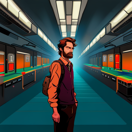 Wrewdison, a tall, bearded man with messy hair, stands in an abandoned subway station. Colorful tiles line the walls and an old subway car sits on the tracks. He contemplates his next move, surrounded by an atari 2600 and pizza boxes.
