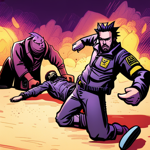 A bearded man with a spikey mohawk, Zeb, stands over the lifeless body of the Corpo Guard. The guard's hair is buzzed short, his face stern and unyielding. Zeb searches the guard's body, finding a stun baton, ammunition, and a keycard. The melted and disintegrated riot shield lies useless on the ground. Zeb pockets the items, ready to use them in their quest for justice.