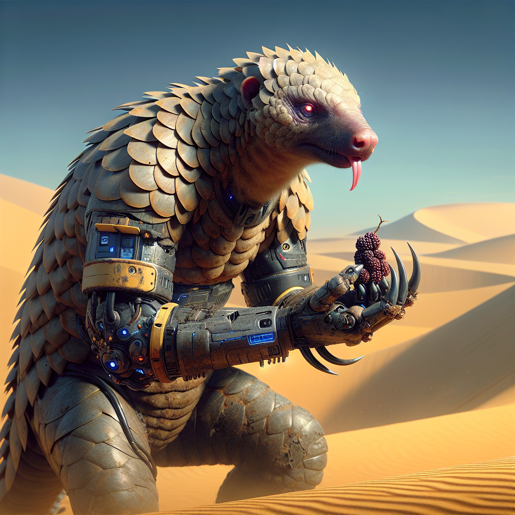 1. A human-sized, scale-covered Pangolin mutant stands in the whipping sands of the Deep Desert, its long nose and sticky tongue visible, holding odd berries, expression a blend of anger and loss.