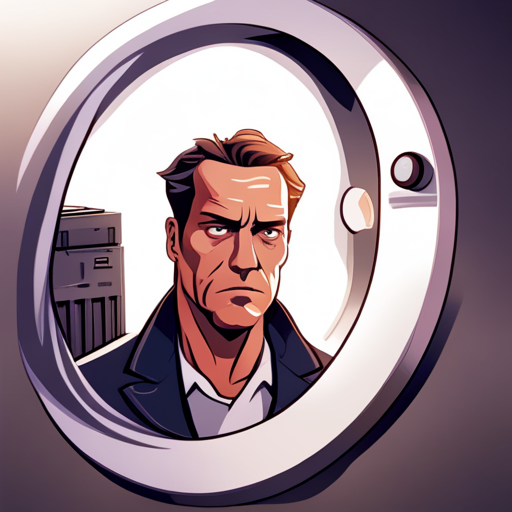 Terminator Arnold peers through peephole, suspicious of the insistent knock on the door. The bank teller anxiously awaits his return.
