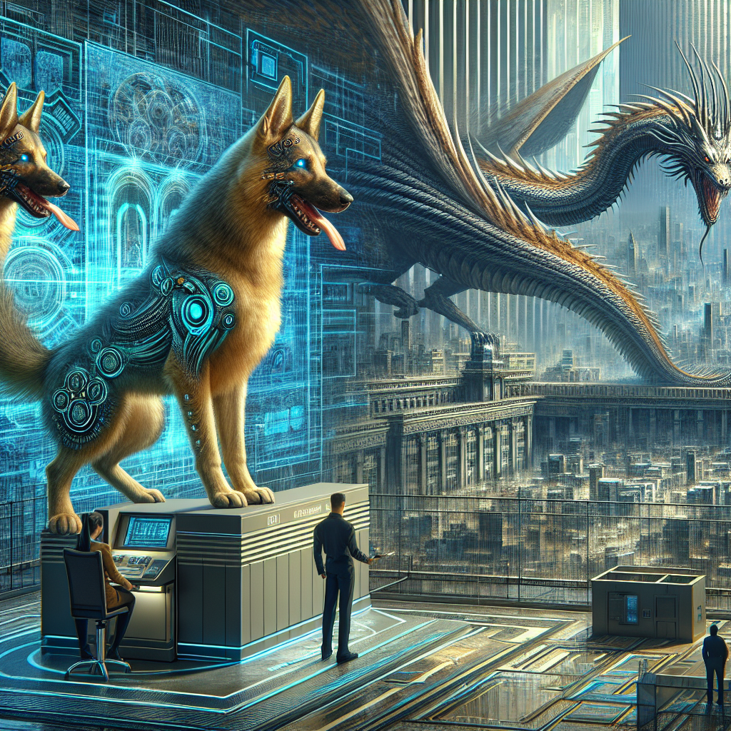 1. A three-headed dog with cyber implants stands, tails wagging, as a massive dragon lands, casting a shadow. The cityscape looms, a vault visible. A teller in a puce uniform appears anxious inside a bulletproof booth.