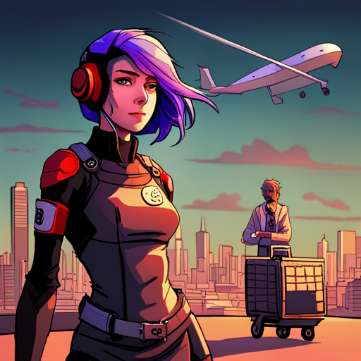 Lazarus approaches Starla, a suspicious-looking cyberpunk woman with purple hair, who sits on her bike. She points south towards a cart with a red flag, where Ben Brown's Yum-Yum Ramen can be found. A quadcopter drone hovers overhead, while Irq, a teenager who trains rats, carries one in a cage.