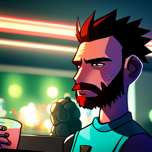 Wrewdison sees Zeb, a bearded man with a spikey mohawk, nodding in agreement while holding a drink. They are in a dimly lit bar with loud electronic music playing in the background.
