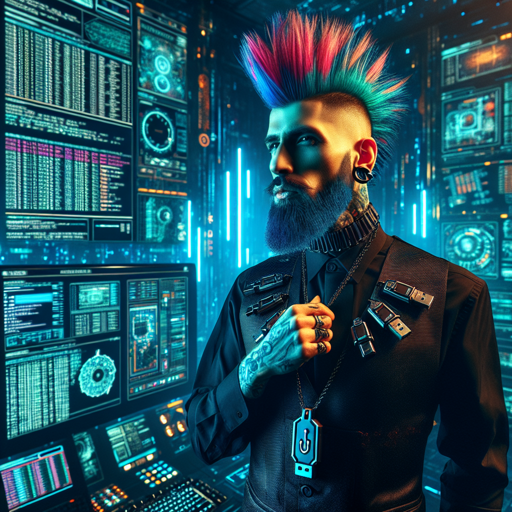 1. A screen glows with numbers; a man, pointy beard, mohawk with white streaks, wears black attire, a USB necklace, and exudes surliness. No visible AI, just the command deck's tech ambiance.