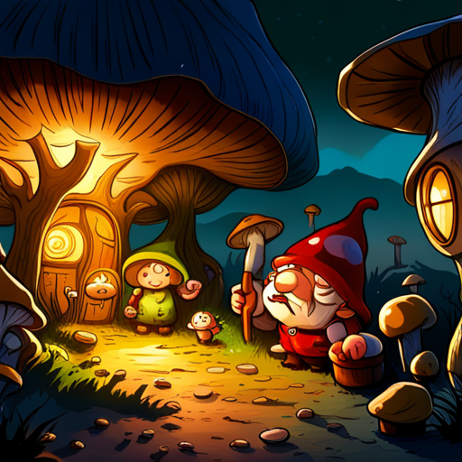 The mushroom village is bustling with tiny inhabitants, all made of different types of mushrooms. A gnome warns phooky not to scare them. 
