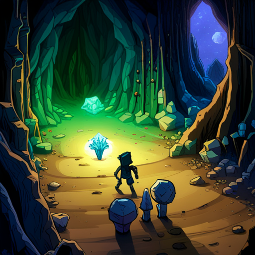 Test sees Thraeryn holding a glowing crystal, illuminating the dark passage. Test scans the area with a blinking light tool, looking for energy sources. The tool beeps and flashes, indicating another crystal nearby. A cave axolotyl with frilly gills emits a faint green glow. Stardeath, a fox-shaped man with star-shaped feet, and Zeb, a bearded man with a spikey mohawk, are also present.