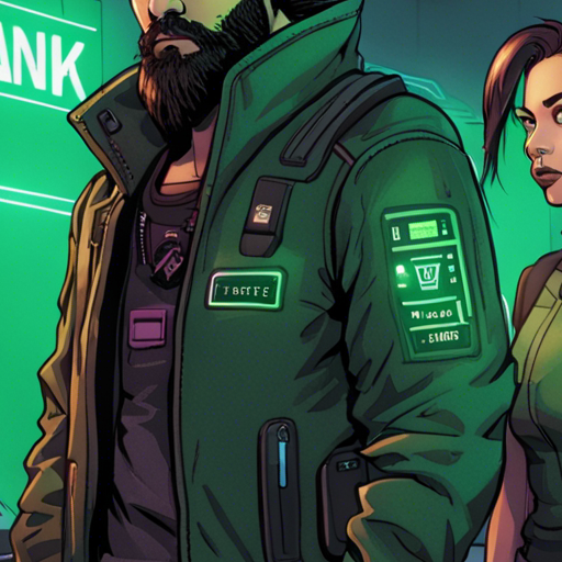 The bank teller, wearing an ugly puce uniform printed with the Databank logo, anxiously waits for her shift to be over inside the bulletproof booth. wrewdison, a tall man with a beard wearing dark pants, a green t-shirt, and a baseball hat, stands in front of the counter studded with data ports. The vault looms in the background of the corporate bank and data storage facility known as Databank. It is a cloudy day outside.