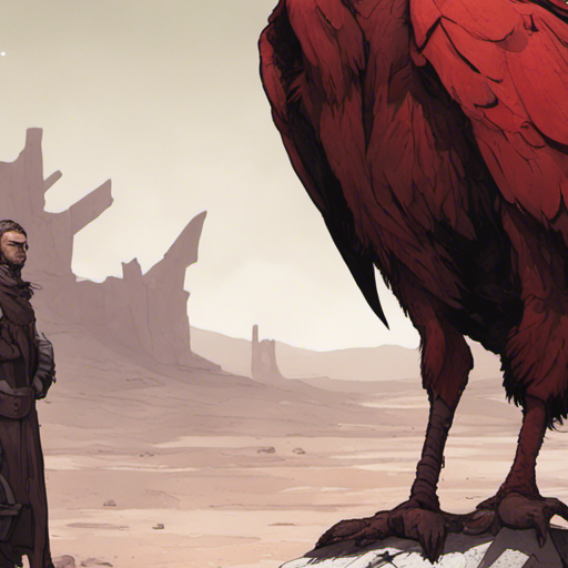 Thraeryn stands in the dusty wasteland, his red skin contrasting against the barren landscape. He gazes at the crusty buzzard perched on a rock, its beady eyes fixed on him. The buzzard emits a series of low caws, its feathers ruffled and smelling of rot. It seems to be trying to communicate, but its efforts fall short. The jagged mountains loom in the distance, a stark reminder of the desolation surrounding them.