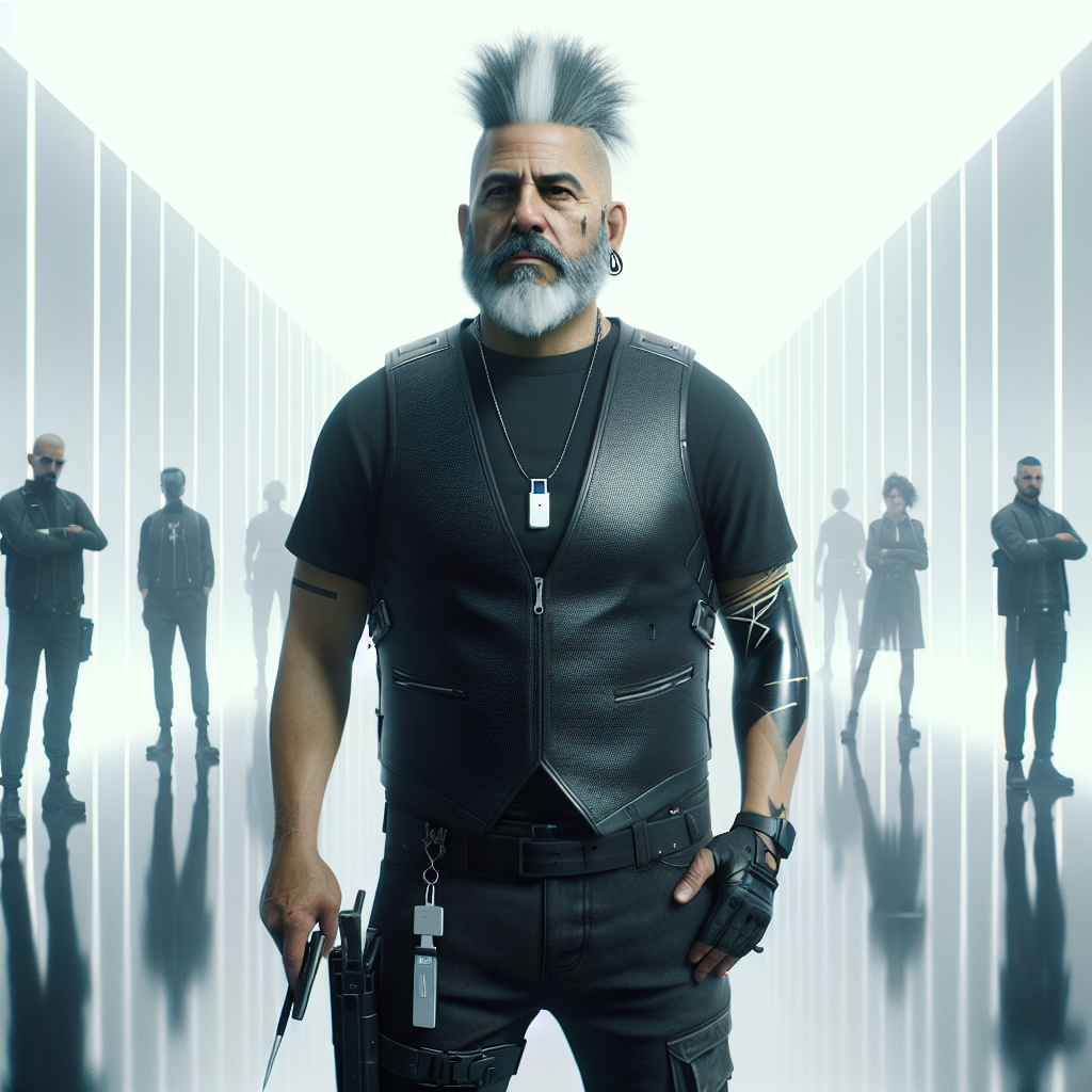 1. A middle-aged man with a short beard and fuzzy mohawk, adorned with a white streak, stands near a sleek object forge in a stark, endless white expanse. He wears a black tee, vest, pants, boots, and a USB drive necklace, appearing surly amidst indifferent NPCs and the looming game start point.