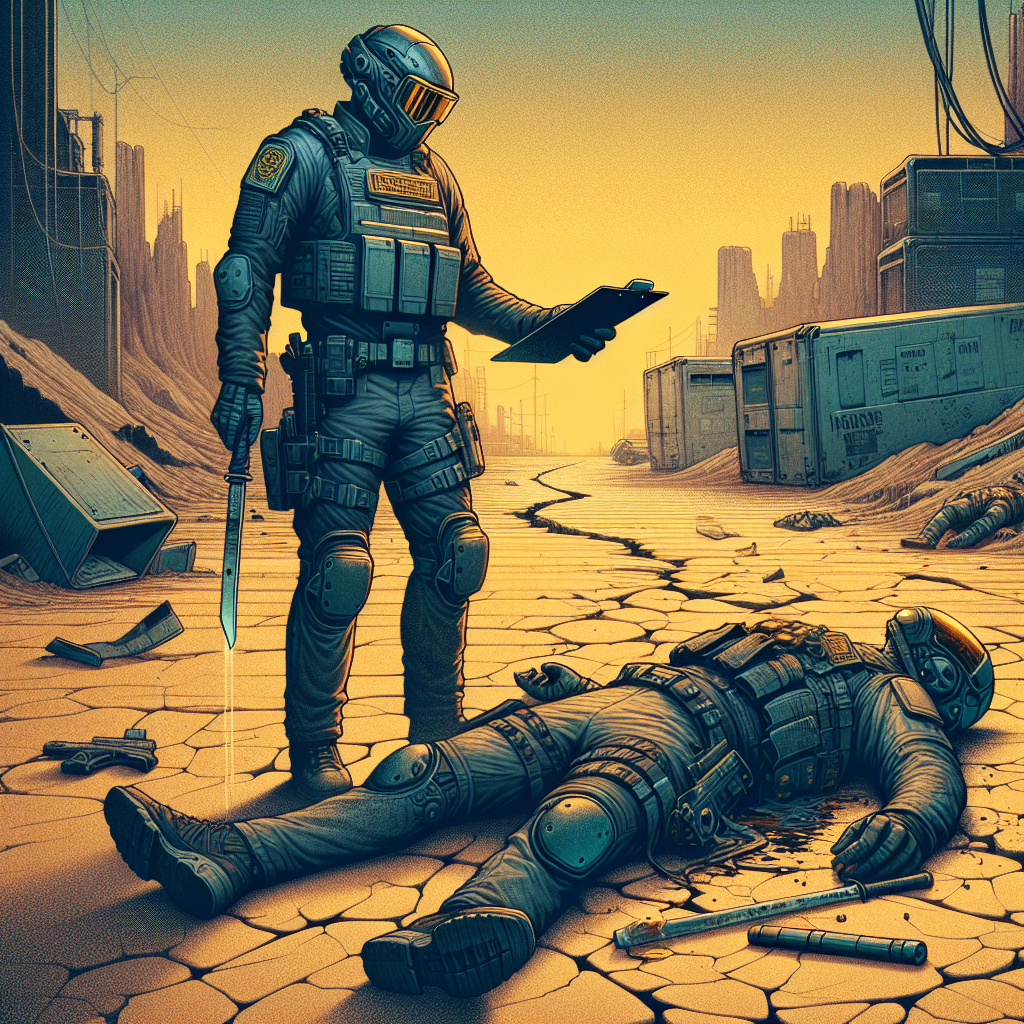 1. Two unconscious figures lie sprawled on the eroded desert road; one in an armored vest with a corporate logo clutches a clipboard, the other, armored with a stun baton and riot shield, is motionless beside him.