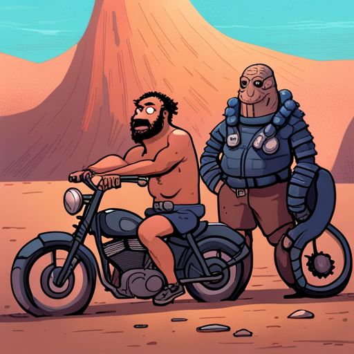 Potato sees The Mechanic, a shirtless man with piercings, and Pangolin, a pangolin mutant covered in scales, working on a motorcycle. The Mechanic smiles and declines Potato's offer to help, while Pangolin nods and catches a bug with his long tongue.
