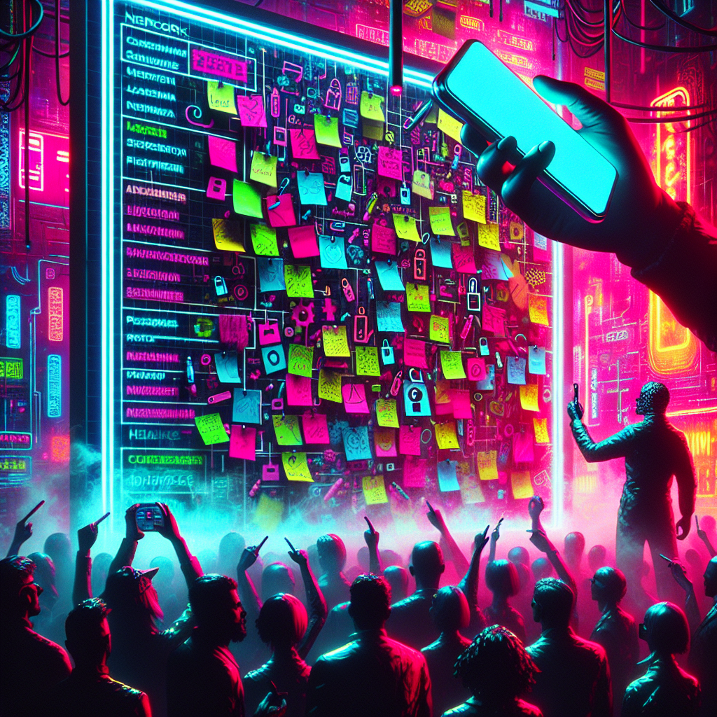 1. A handheld device captures a whiteboard filled with usernames, passwords, and colorful sticky notes with mysterious patterns. Neon lights and smoke fill the background, where silhouettes of club-goers dance under the glow of video game screens.