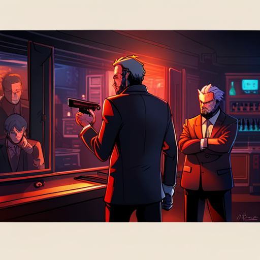 Lazarus shows off his DD9 pistol to Fredrick and Zeb, who nod approvingly. The dimly lit bar is filled with electronic music and a sleeping drunk. Ratz the bartender stands behind the bar. 
