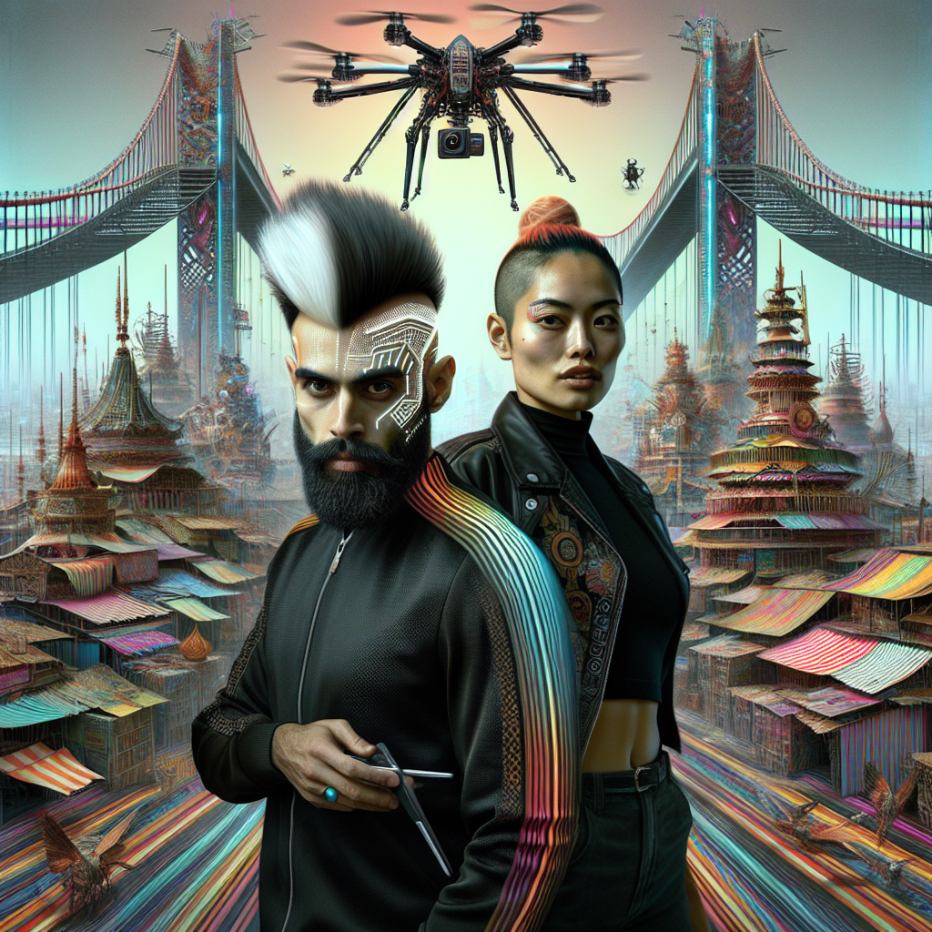 A man with a white-streaked mohawk and pointy beard, wearing a black outfit, stands beside a smirking woman. They pose confidently against a backdrop of an eclectic bridge scene, filled with makeshift shelters and neon lights, as a striped quadcopter drone captures the moment.