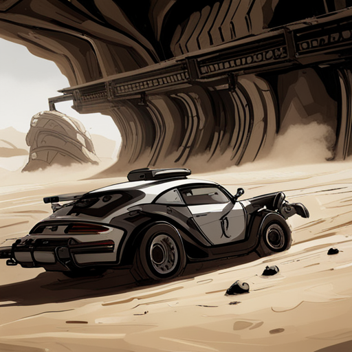 Wrewdison arms the Scarab SRV's defense systems before entering the elevator. The elevator descends to an underground facility. The wind howls and sand whips around a rocky formation. No characters or objects are mentioned.