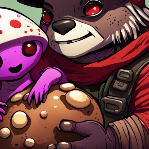 Zeb holds up Truffle, a small mushroom person, in the air. Truffle's vibrant red cap with white spots stands out against its pale brown stalk and limbs. Its small, round face is adorned with a toothless grin, and its large black eyes gleam with excitement. Truffle's tiny arms are wrapped tightly around Zeb's neck, ready for the adventure ahead.