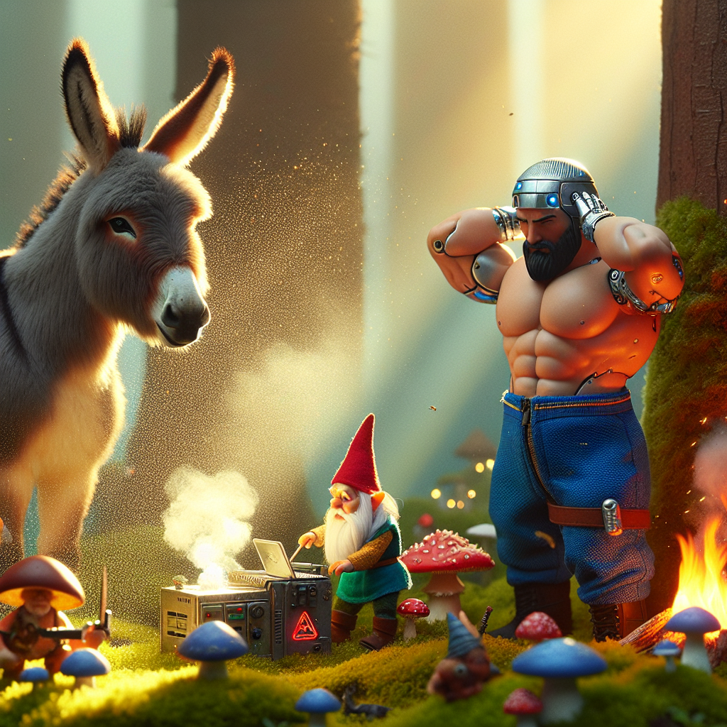 1. In a sunlit forest clearing, a donkey flicks its ears beside a smoldering campfire. A gnome in blue coveralls and a red hat tinkers with a metallic object. A muscular barbarian grips his sword, anticipation in his stance. Dust motes dance in the air near a mushroom village.