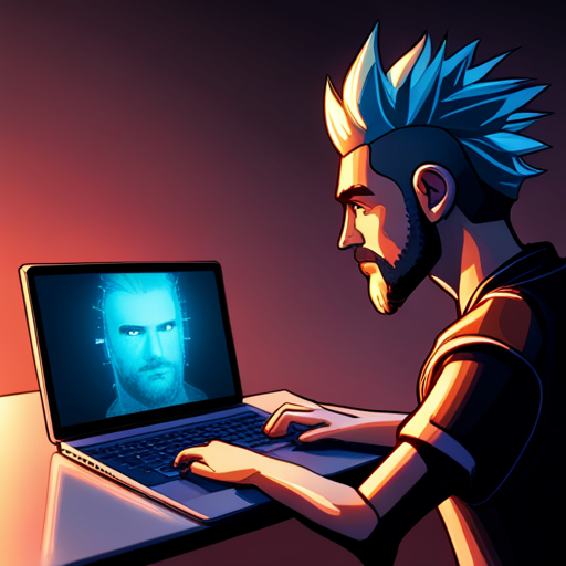 Zeb's eyes are fixed on the hacker device, a small, sleek device with glowing blue lights. The device is connected to a laptop, displaying lines of code on the screen. Zeb's reflection can be seen in the screen, revealing a bearded man with a spikey mohawk. The city lights reflect off the device, casting a faint blue glow on Zeb's face.