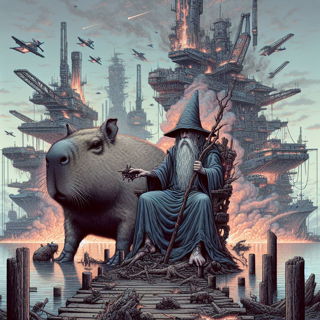 1. A tall, gaunt wizard with an oversized head sits astride a colossal mutant capybara, poised for departure amidst the chaos of burning docks, drifting ash, and distant explosions.