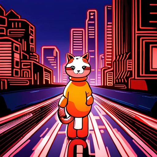 In cyberspace, Mr Whiskers sees a neon-lit city with towering skyscrapers. He navigates through the maze of digital information, searching for Zeb's location. He spots various programs and entities moving around, organized and disorganized. The city seems alive, bustling with life, but also dangerous. He notices Ono Sendai Cyberspace 7 cyberdeck, a sleek black device with green and red LEDs on the front, sitting nearby.