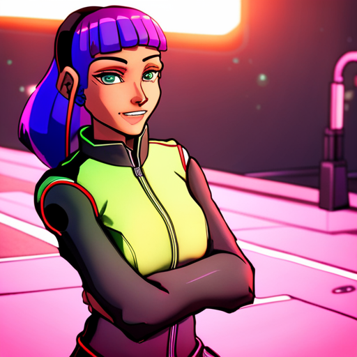 Starla, a cyberpunk woman with shoulder-length purple hair, smiles warmly at Zeb. She wears a neoprene jacket with neon colored piping, selling wetware out of the back of her custom bike.