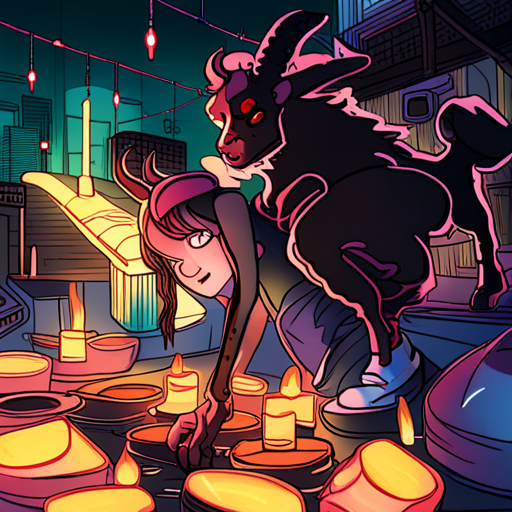 A black goat with curved horns and a strange glint in its eye watches Alice as she performs a dark magic ritual in the wet alley, surrounded by candles and scattered ramen. 
