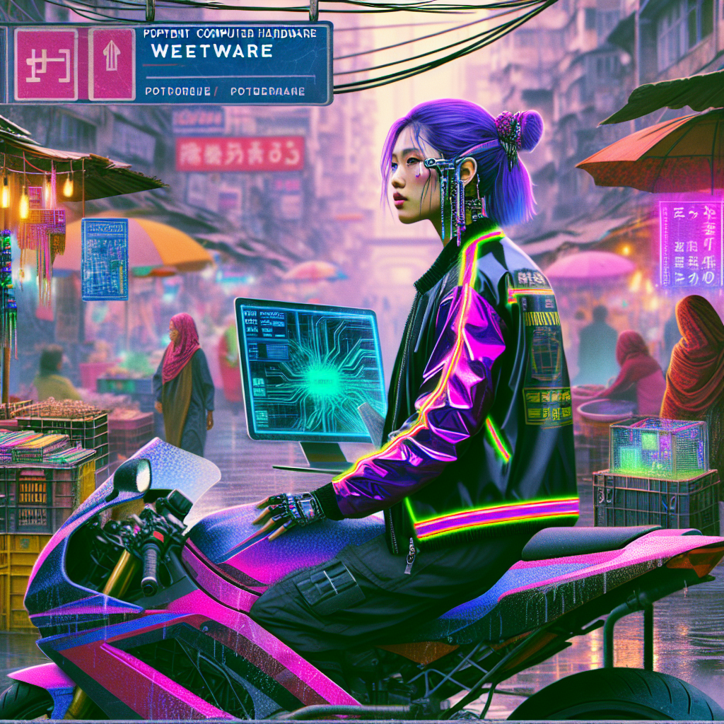 1. A purple-haired cyberpunk woman, clad in a neon-piped neoprene jacket, stands behind her custom bike, selling wetware. The bridge bustles with makeshift shops, cables, and squatters' shelters.