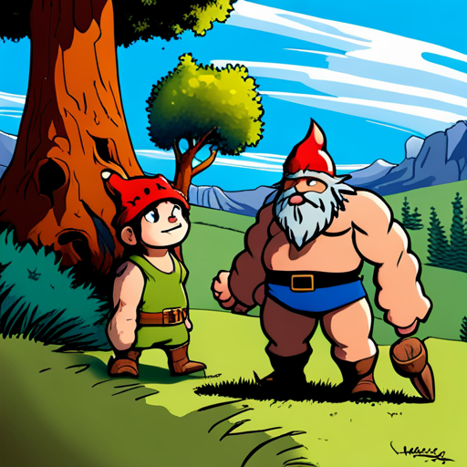 Barbarian, a hulking figure with wild, unkempt hair and a fierce expression, stands tall in his fur loin cloth and boots. Gnome, a small bearded fellow in blue coveralls and a pointy red hat, looks up at Barbarian with curiosity. They both stand in a sun-filled clearing, surrounded by fellow travelers.