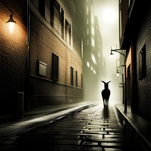 Merg stands alone in the grimey alley, rain falling lightly and the flickering light above casting an eerie glow. The black goat, obsessed with the occult, is nowhere to be seen. Merg waits, hearing a faint bleating from the darkness. Their sad, glowing eyes scan the wet bricks and ground for any sign of the goat or the minidisc.