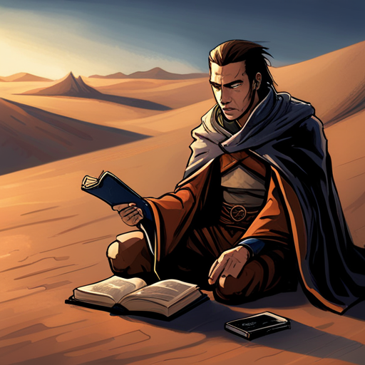 Thraeryn studies "Sorcery for Dummies" intently, surrounded by the howling wind and blowing sand of the Deep Desert. The book is open in their lap, and they seem to be lost in thought.
