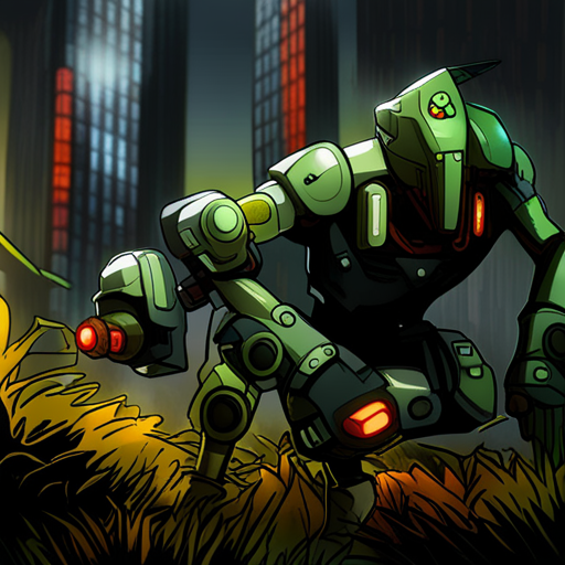 Thangkred searches for curative herbs in the forest floor, hoping to find a way to defeat the malboro. The surrounding skyscrapers and FRED-209 security bot serve as a reminder of the corporate-controlled world he lives in.
