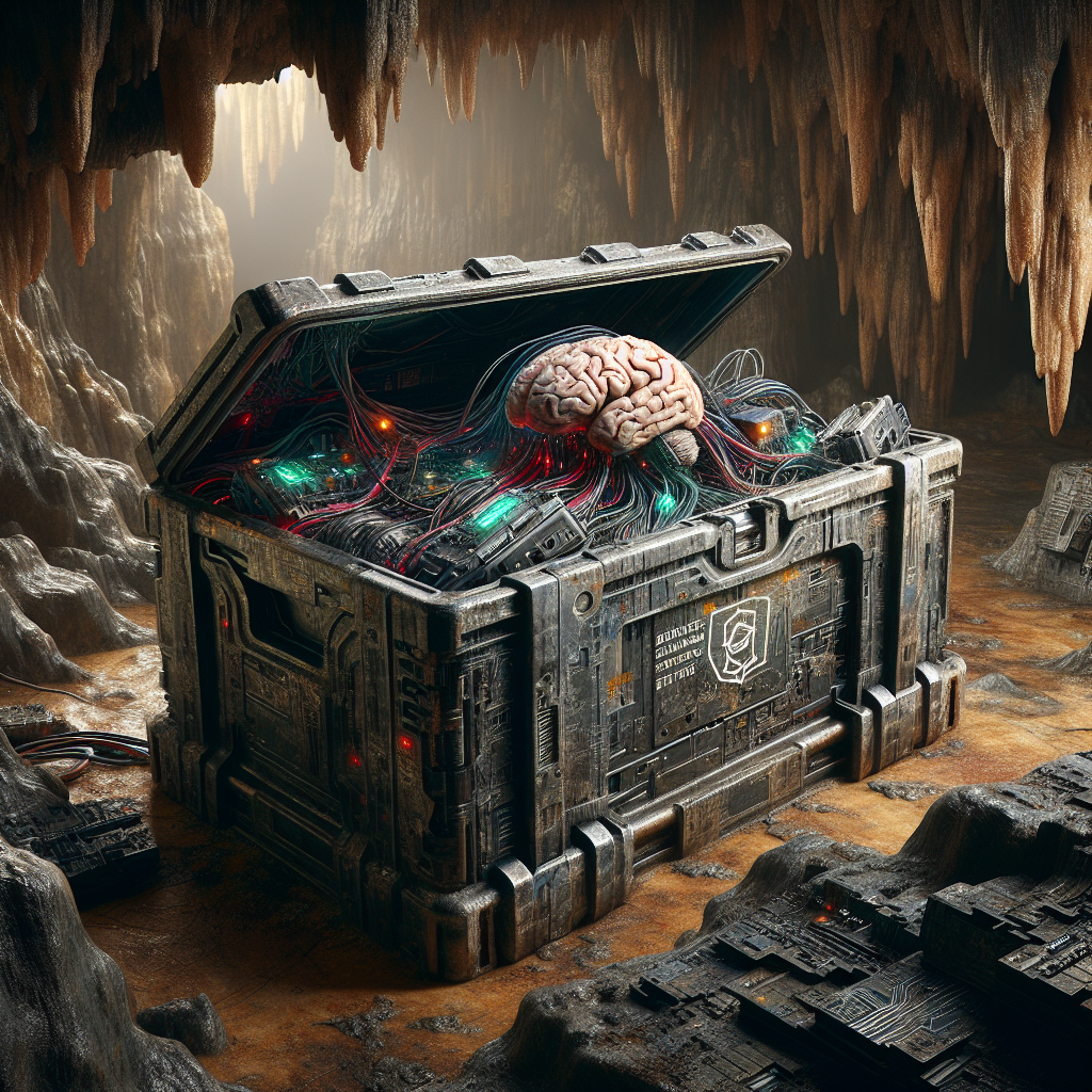 1. An old, dusty crate, partially open, reveals tangled wires, circuit boards, and a cybernetic brain with Senzo Technologies' logo, amidst a cave's rocky interior.