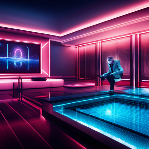 Zeb sees a holographic ad of a luxurious swimming pool with neon lighting, tailored to his aquatic interests. 
