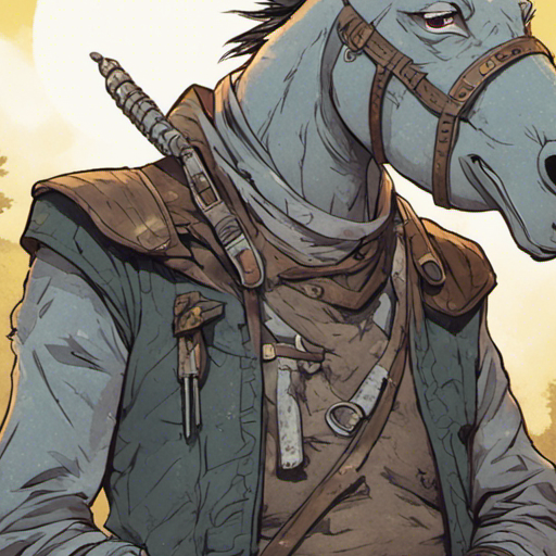 Donkules, a sarcastic talking donkey, stands nearby with crossed arms and a mischievous glint in his eyes. He wears spikey paldrons over his bare chest and a battle kilt. The sun-filled clearing in the enchanted forest serves as the background, with dust motes drifting through the air. The scene takes place on a Saturday morning, with travelers gathered around the remains of a campfire. Thraeryn, an incredibly red man, and Zeb, a bearded man with a short mohawk, are also present.