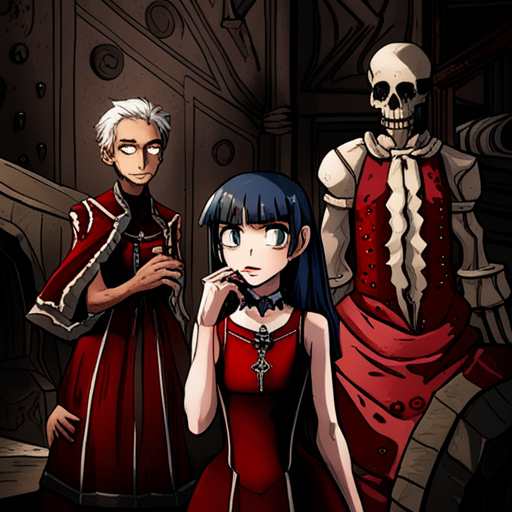 Wrewdison and Anesthesia stand in the dimly lit Catacombs, surrounded by skulls and bones. Anesthesia, in her blood red velvet dress, strokes her chin thoughtfully as she listens to Wrewdison's findings. A rickety wooden staircase and a mysterious hole loom in the background. A wooden crate sits nearby. 
