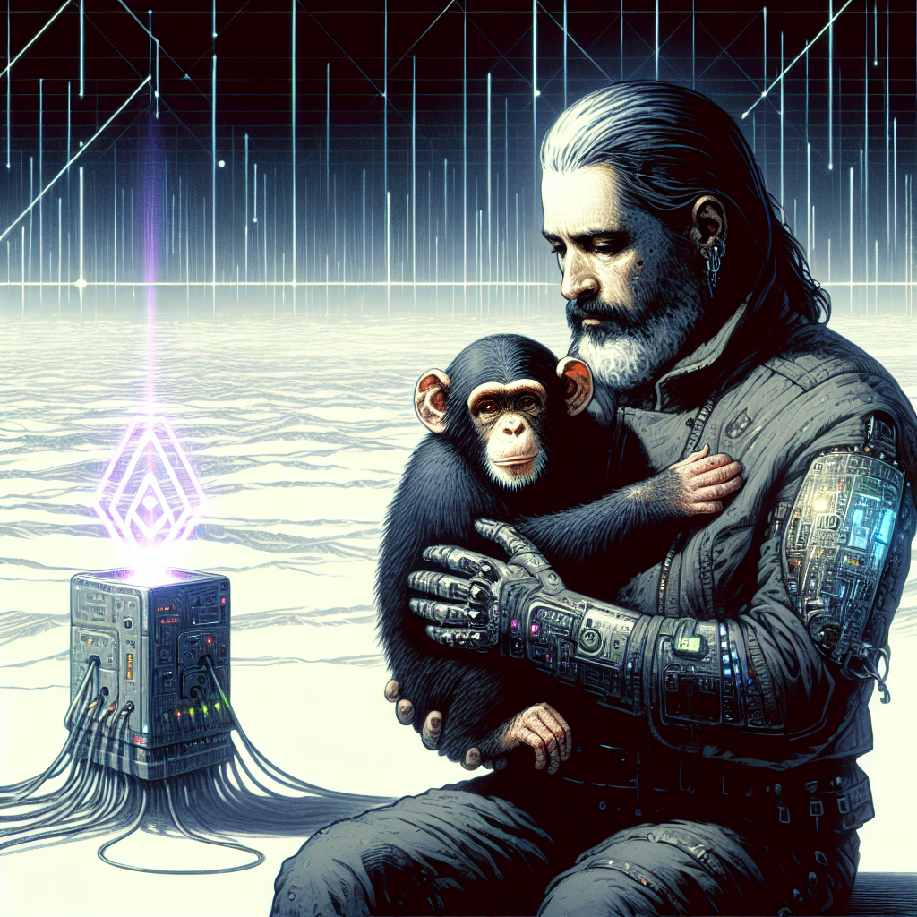 1. A middle-aged goth cradles a chimpanzee in a white expanse; nearby, an object forge stands.