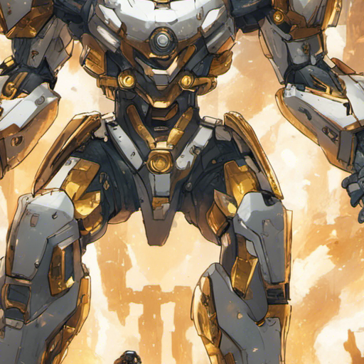 Matt stands tall inside the massive mecha battle suit, surrounded by gleaming white metal plates with golden accents. The suit emits a low hum of power, as if ready to unleash its might. In one hand, the suit holds a formidable battle rifle, while the other wields a crackling energy sword. The suit towers over the burning docks, ash swirling in the air, as distant explosions echo in the background. The wreckage of a collapsed building smokes in the distance.