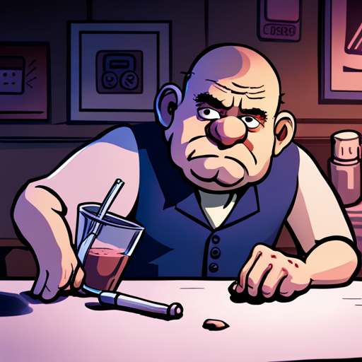 In the dimly lit Chat bar, Ratz slides a glass of Angel's Envy down the bar to Wrewdison, warning him to be careful with it. Ratz, a gruff figure with a shaven head, squinty brown eyes, and a wrinkled face, wears a Russian military prosthetic arm that jerks monotonously as he works. The bar is filled with loud electronic music and frequented by deck jockeys looking for gigs. A drunk man sleeps in a pool of his own drool nearby.