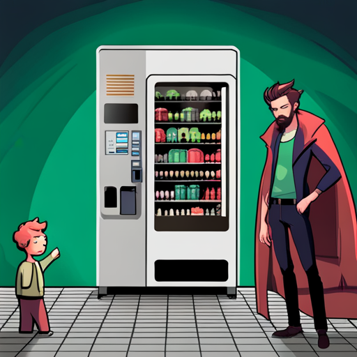 A humanoid with a green cloak stands in front of a vending machine, looking disappointed. The hologram of Ben Brown and a bearded man with a spikey mohawk are nearby.
