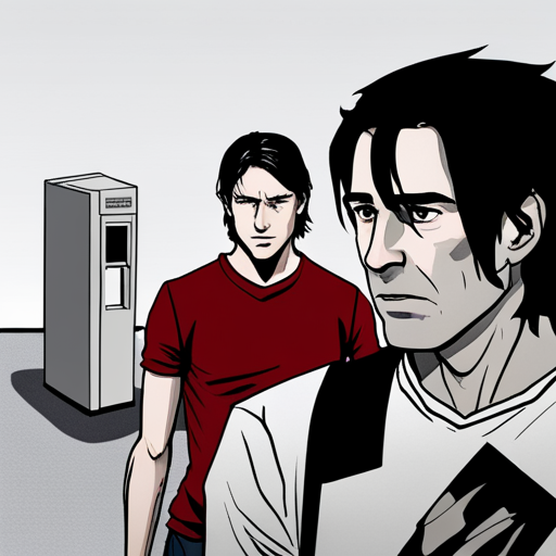 In the photo, Lazarus sees a flickering hologram of Ben Brown with a sad expression. Next to him is kc, a man with black hair and a red t-shirt, who is focused on the hologram. They are standing in an endless white expanse with a vending machine nearby.