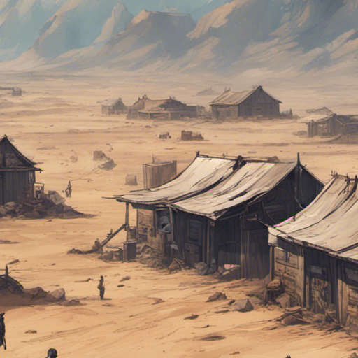 Andy's eyes scan the area, catching sight of a dusty outpost to the east. Makeshift buildings surrounded by a rickety wooden fence. Figures move around, engaged in their own activities. Jagged mountain ranges stand stoically in the distance, casting long shadows over the wasteland.