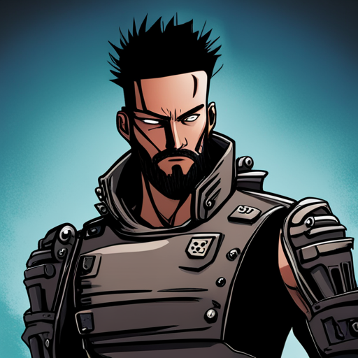 A bearded man with a spikey mohawk, Zeb, stands defiantly in front of an armored Corpo Guard. The guard, with narrowed eyes, remains silent.