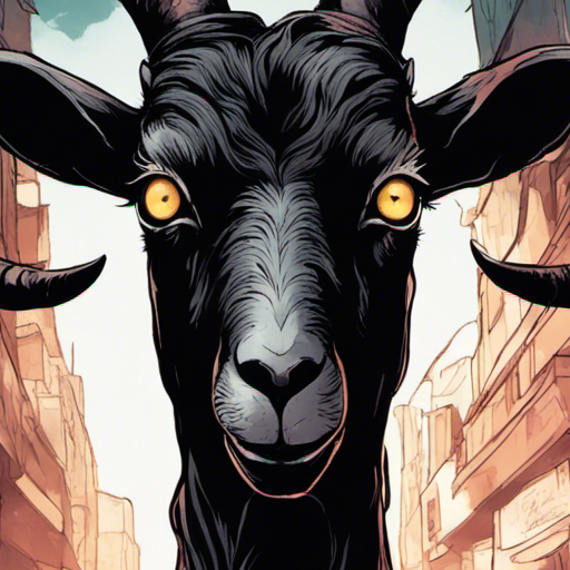 The black goat with curved horns looks up at potato, its eyes glinting with intensity. It lets out a low bleat before speaking, offering guidance and the power of dark arts. The grimey alley is wet and dimly lit, with a flickering lightbulb and the word "Hell" spraypainted on the wall. The sky is the color of a dead channel on a television, and it is lightly raining.