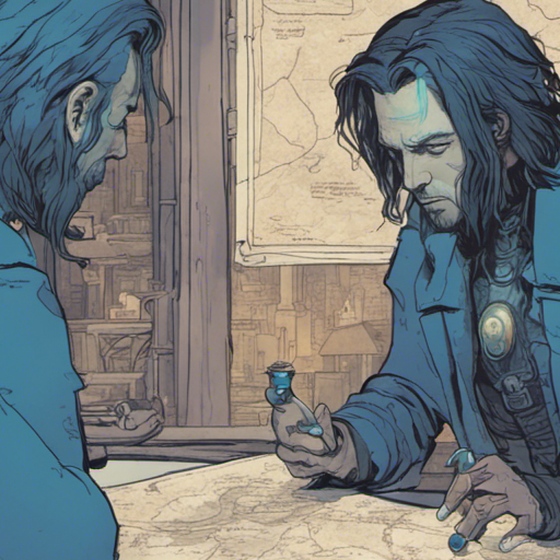 Thraeryn examines the faded map, revealing hidden areas in the city. The vial of blue liquid, similar to his own healing potion, has a faded and illegible label.